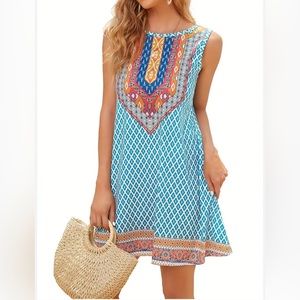 Summer Dress Women Beach Floral Tshirt Sundress Sleeveless Casual Tank Dress Med